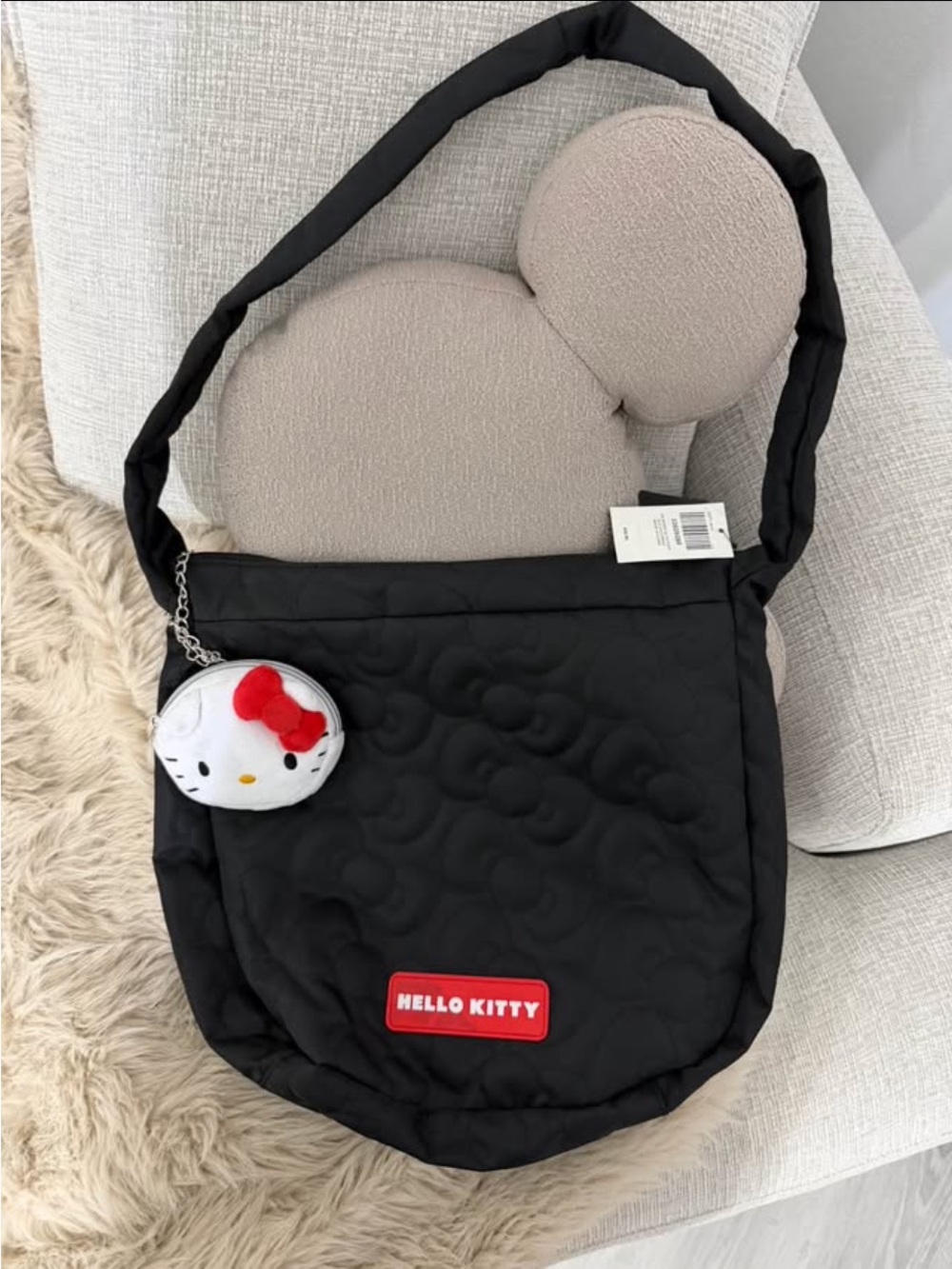 Hello Kitty Black Quilted Crossbody Bag with Plush Charm coin purse